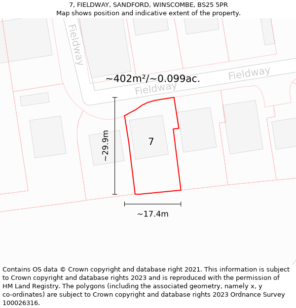 7, FIELDWAY, SANDFORD, WINSCOMBE, BS25 5PR: Plot and title map