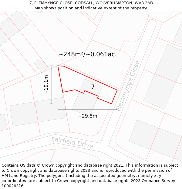 7, FLEMMYNGE CLOSE, CODSALL, WOLVERHAMPTON, WV8 2AD: Plot and title map