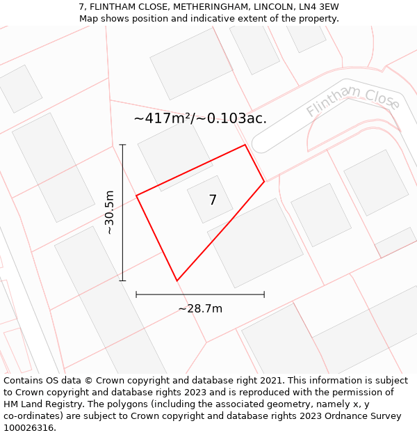 7, FLINTHAM CLOSE, METHERINGHAM, LINCOLN, LN4 3EW: Plot and title map