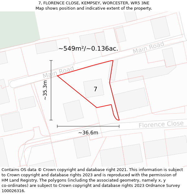 7, FLORENCE CLOSE, KEMPSEY, WORCESTER, WR5 3NE: Plot and title map