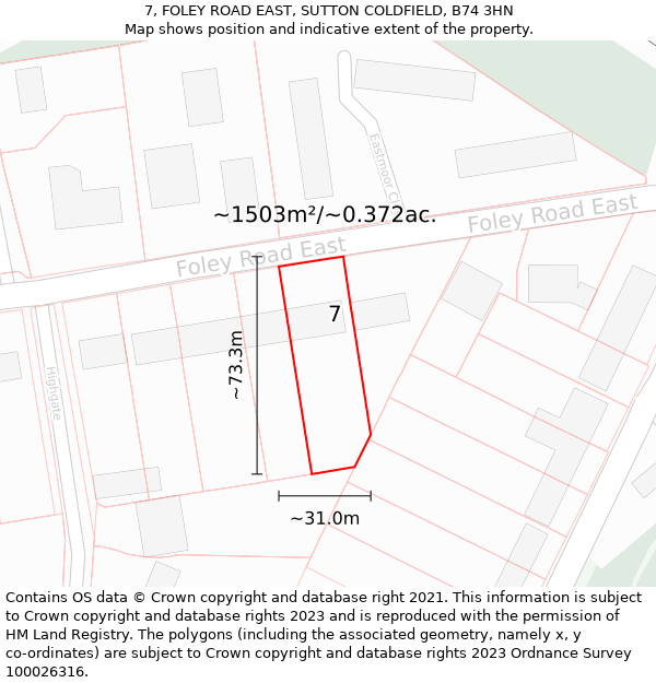 7, FOLEY ROAD EAST, SUTTON COLDFIELD, B74 3HN: Plot and title map