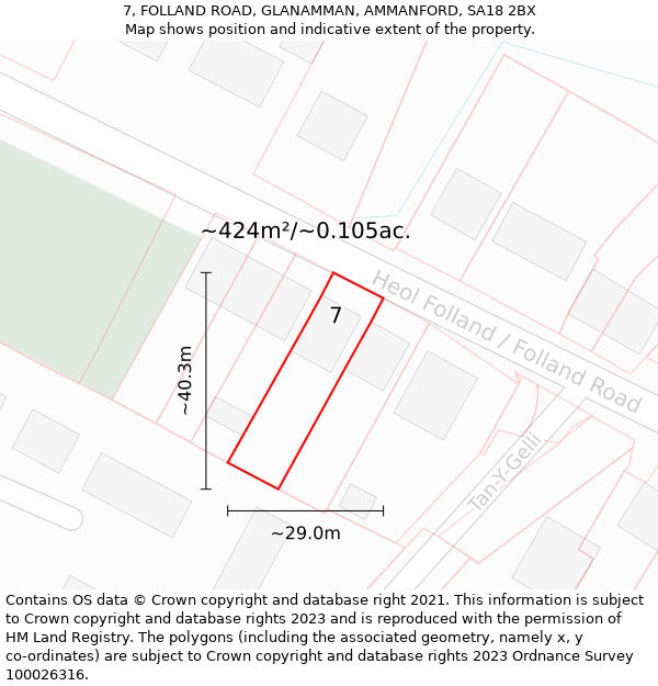 7, FOLLAND ROAD, GLANAMMAN, AMMANFORD, SA18 2BX: Plot and title map