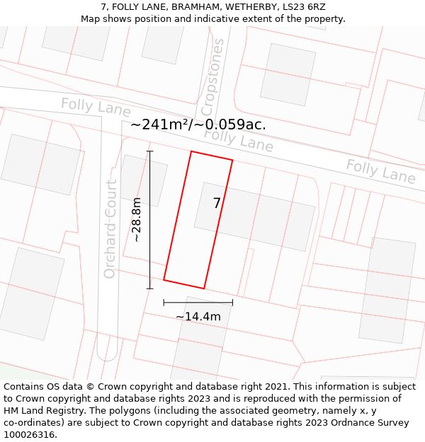 7, FOLLY LANE, BRAMHAM, WETHERBY, LS23 6RZ: Plot and title map