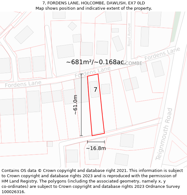 7, FORDENS LANE, HOLCOMBE, DAWLISH, EX7 0LD: Plot and title map