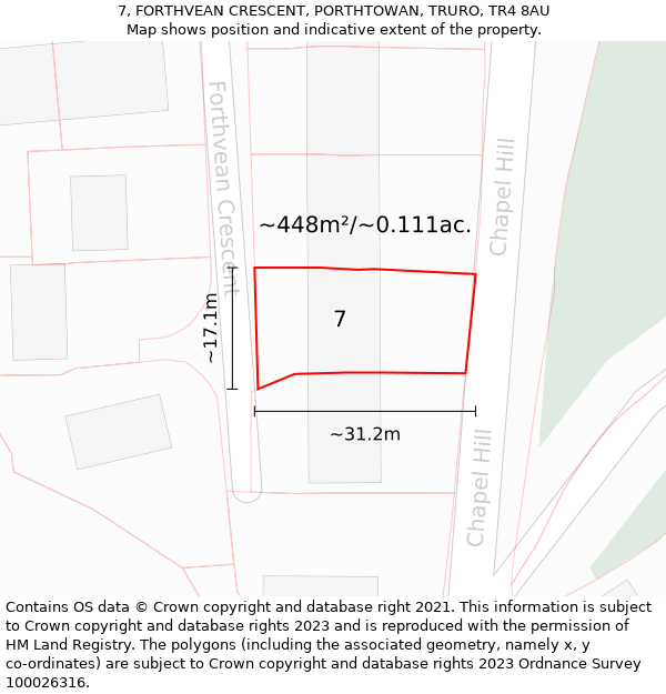 7, FORTHVEAN CRESCENT, PORTHTOWAN, TRURO, TR4 8AU: Plot and title map