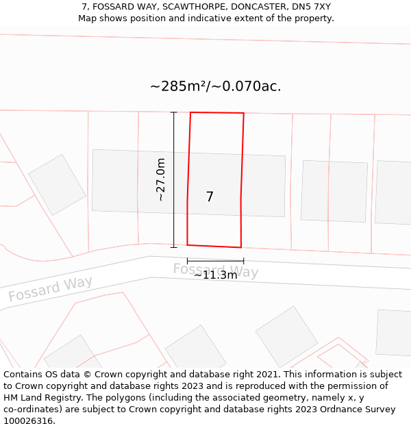 7, FOSSARD WAY, SCAWTHORPE, DONCASTER, DN5 7XY: Plot and title map