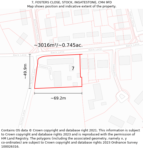 7, FOSTERS CLOSE, STOCK, INGATESTONE, CM4 9FD: Plot and title map