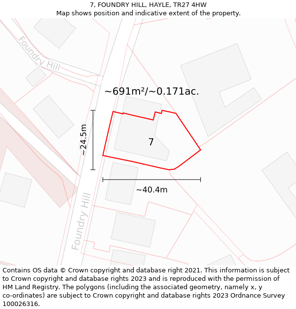 7, FOUNDRY HILL, HAYLE, TR27 4HW: Plot and title map