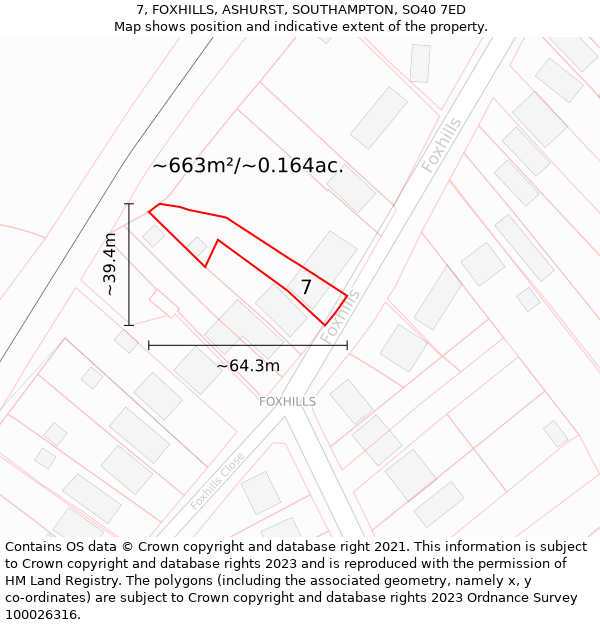 7, FOXHILLS, ASHURST, SOUTHAMPTON, SO40 7ED: Plot and title map