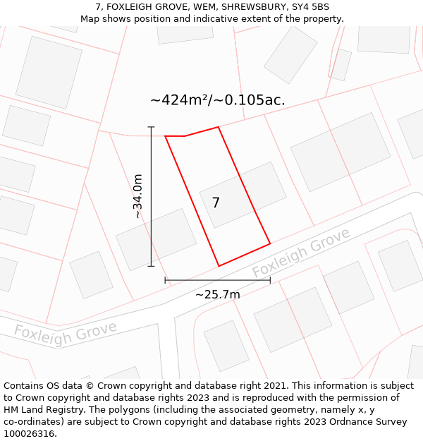 7, FOXLEIGH GROVE, WEM, SHREWSBURY, SY4 5BS: Plot and title map