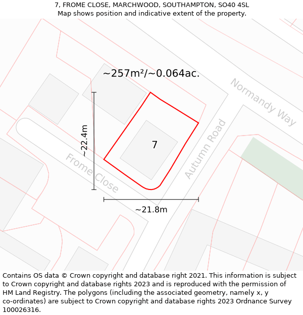 7, FROME CLOSE, MARCHWOOD, SOUTHAMPTON, SO40 4SL: Plot and title map