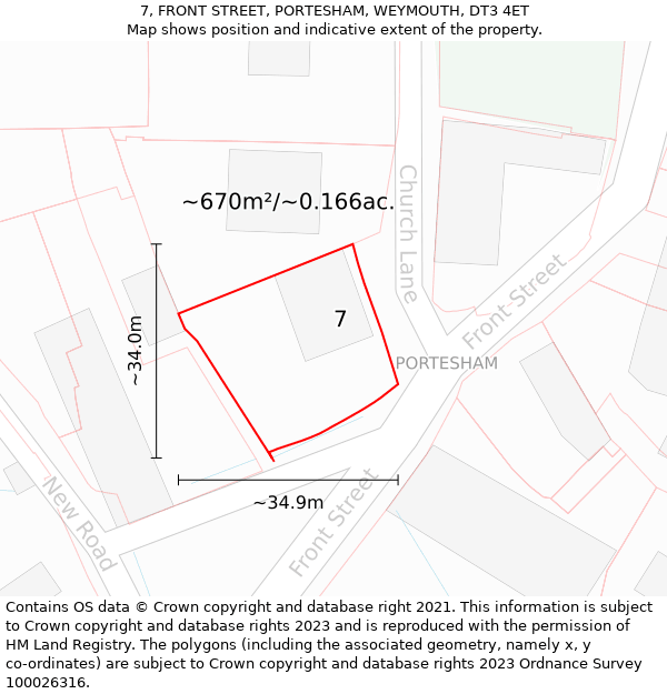 7, FRONT STREET, PORTESHAM, WEYMOUTH, DT3 4ET: Plot and title map