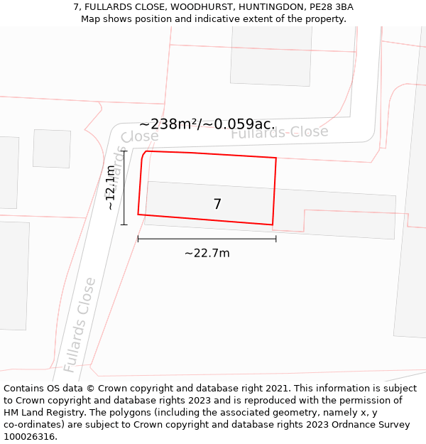 7, FULLARDS CLOSE, WOODHURST, HUNTINGDON, PE28 3BA: Plot and title map