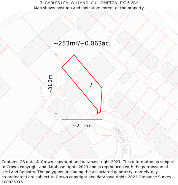 7, GABLES LEA, WILLAND, CULLOMPTON, EX15 2RY: Plot and title map