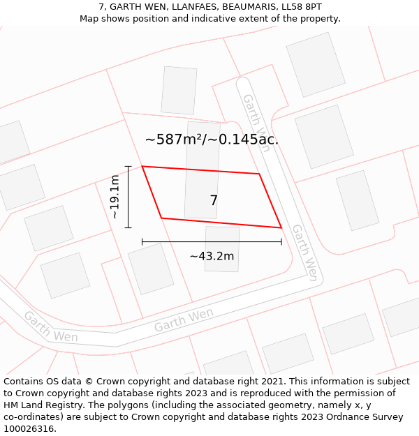 7, GARTH WEN, LLANFAES, BEAUMARIS, LL58 8PT: Plot and title map