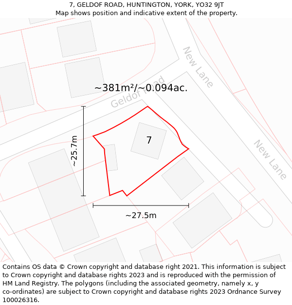 7, GELDOF ROAD, HUNTINGTON, YORK, YO32 9JT: Plot and title map