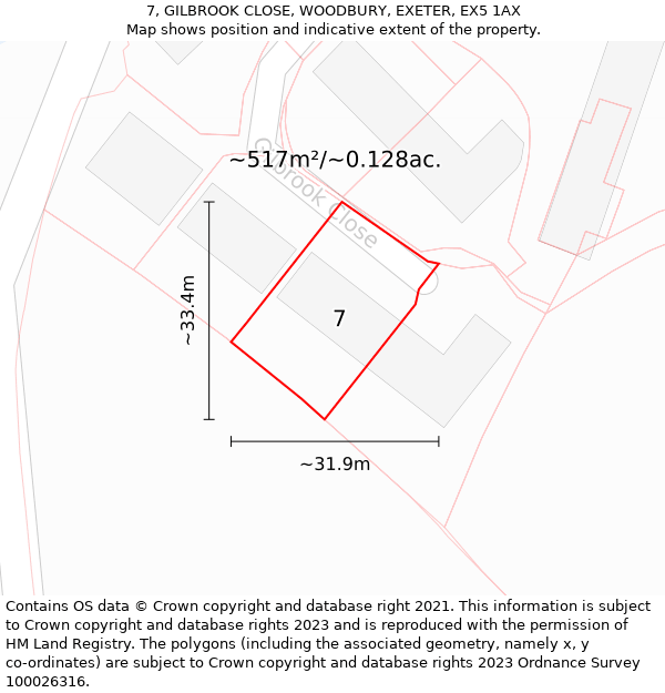 7, GILBROOK CLOSE, WOODBURY, EXETER, EX5 1AX: Plot and title map