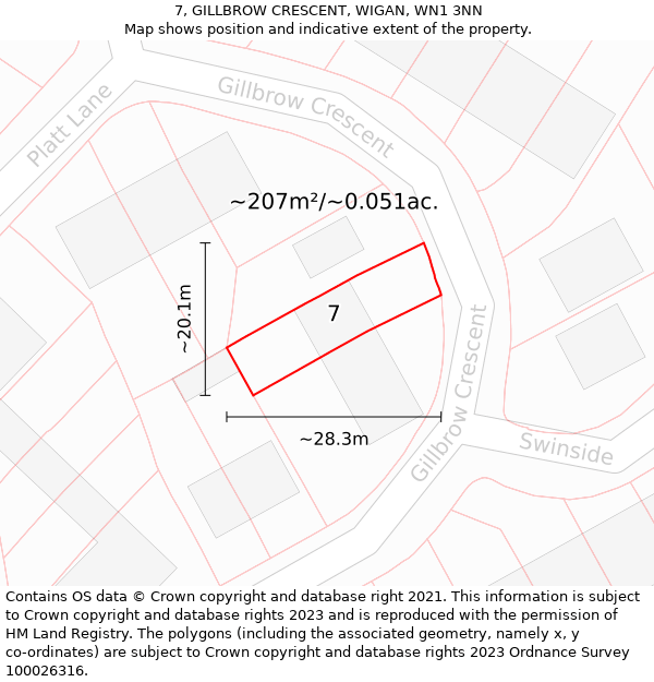 7, GILLBROW CRESCENT, WIGAN, WN1 3NN: Plot and title map