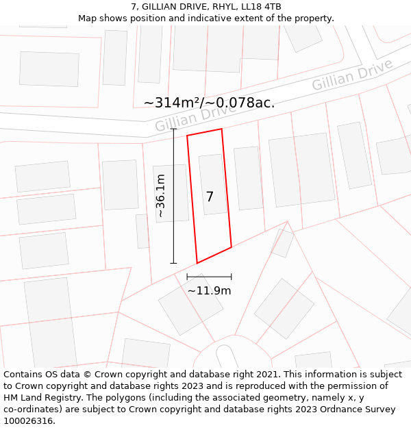 7, GILLIAN DRIVE, RHYL, LL18 4TB: Plot and title map