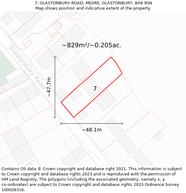 7, GLASTONBURY ROAD, MEARE, GLASTONBURY, BA6 9SN: Plot and title map