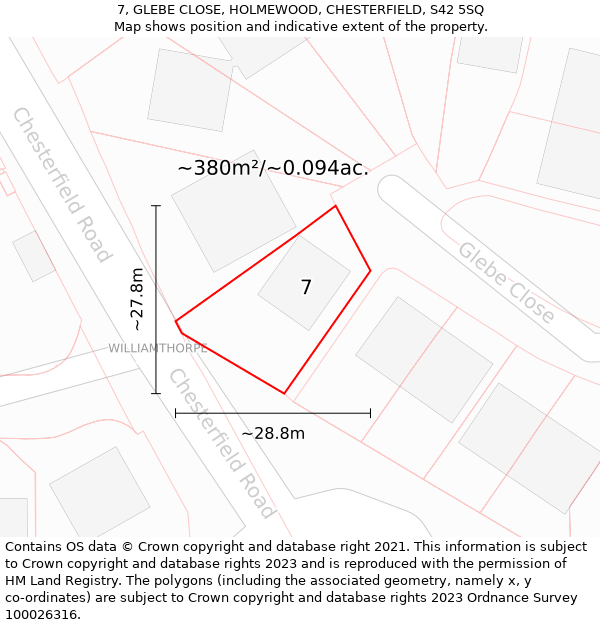 7, GLEBE CLOSE, HOLMEWOOD, CHESTERFIELD, S42 5SQ: Plot and title map