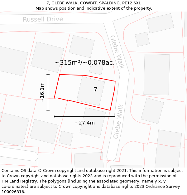 7, GLEBE WALK, COWBIT, SPALDING, PE12 6XL: Plot and title map