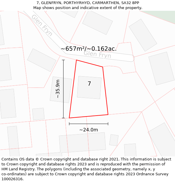 7, GLENFRYN, PORTHYRHYD, CARMARTHEN, SA32 8PP: Plot and title map