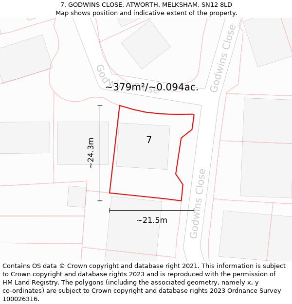 7, GODWINS CLOSE, ATWORTH, MELKSHAM, SN12 8LD: Plot and title map