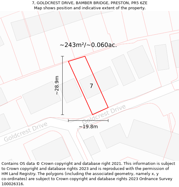 7, GOLDCREST DRIVE, BAMBER BRIDGE, PRESTON, PR5 6ZE: Plot and title map