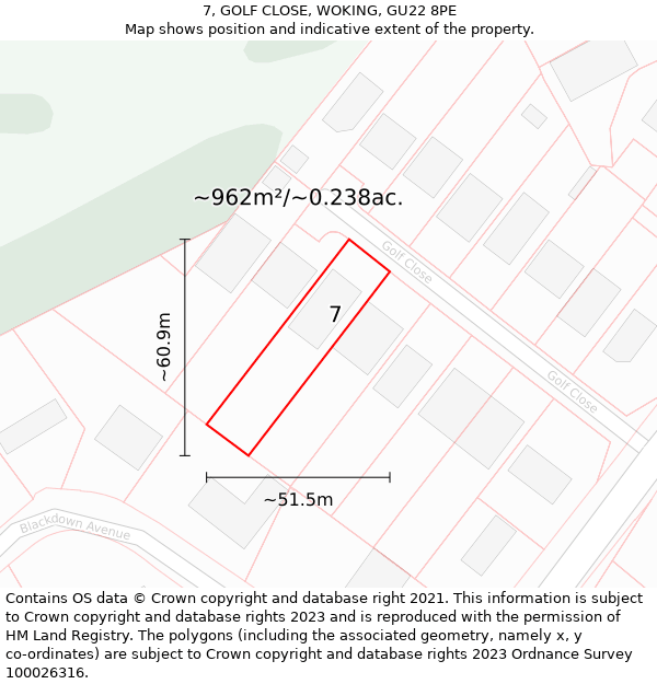 7, GOLF CLOSE, WOKING, GU22 8PE: Plot and title map