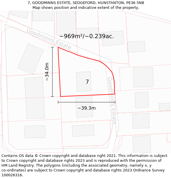 7, GOODMINNS ESTATE, SEDGEFORD, HUNSTANTON, PE36 5NB: Plot and title map