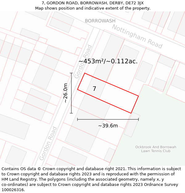 7, GORDON ROAD, BORROWASH, DERBY, DE72 3JX: Plot and title map