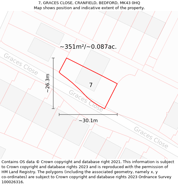 7, GRACES CLOSE, CRANFIELD, BEDFORD, MK43 0HQ: Plot and title map