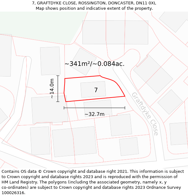 7, GRAFTDYKE CLOSE, ROSSINGTON, DONCASTER, DN11 0XL: Plot and title map