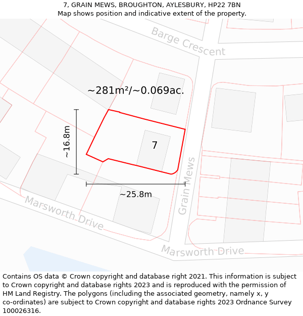 7, GRAIN MEWS, BROUGHTON, AYLESBURY, HP22 7BN: Plot and title map