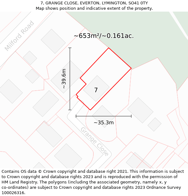 7, GRANGE CLOSE, EVERTON, LYMINGTON, SO41 0TY: Plot and title map