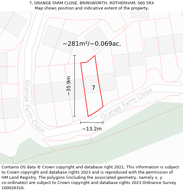 7, GRANGE FARM CLOSE, BRINSWORTH, ROTHERHAM, S60 5RX: Plot and title map