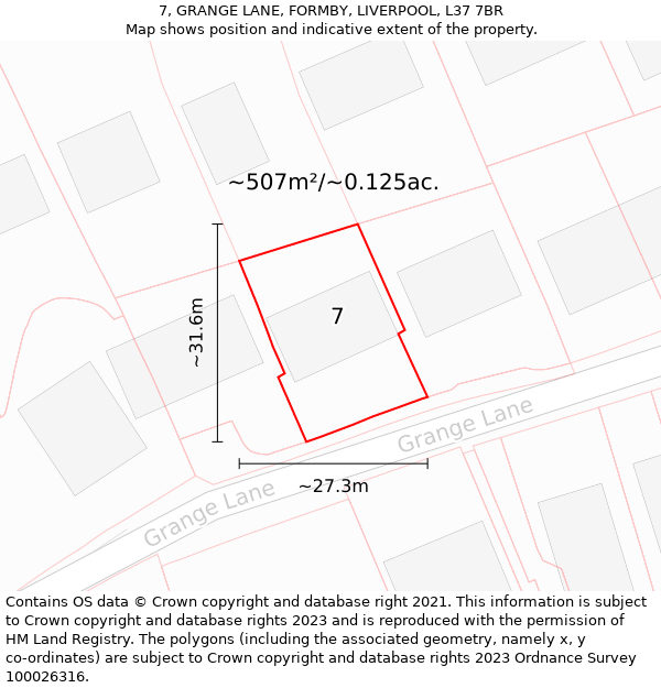 7, GRANGE LANE, FORMBY, LIVERPOOL, L37 7BR: Plot and title map