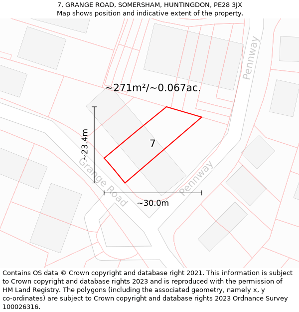 7, GRANGE ROAD, SOMERSHAM, HUNTINGDON, PE28 3JX: Plot and title map