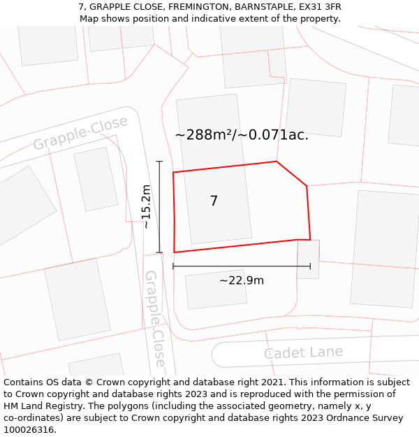 7, GRAPPLE CLOSE, FREMINGTON, BARNSTAPLE, EX31 3FR: Plot and title map