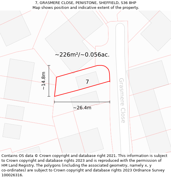 7, GRASMERE CLOSE, PENISTONE, SHEFFIELD, S36 8HP: Plot and title map