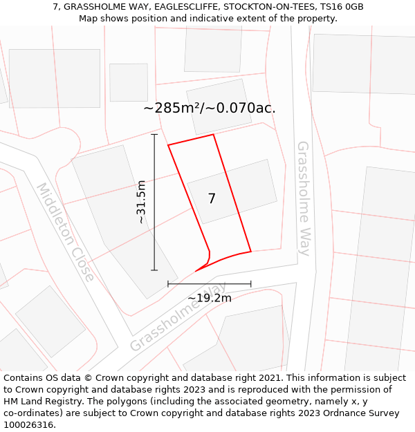 7, GRASSHOLME WAY, EAGLESCLIFFE, STOCKTON-ON-TEES, TS16 0GB: Plot and title map