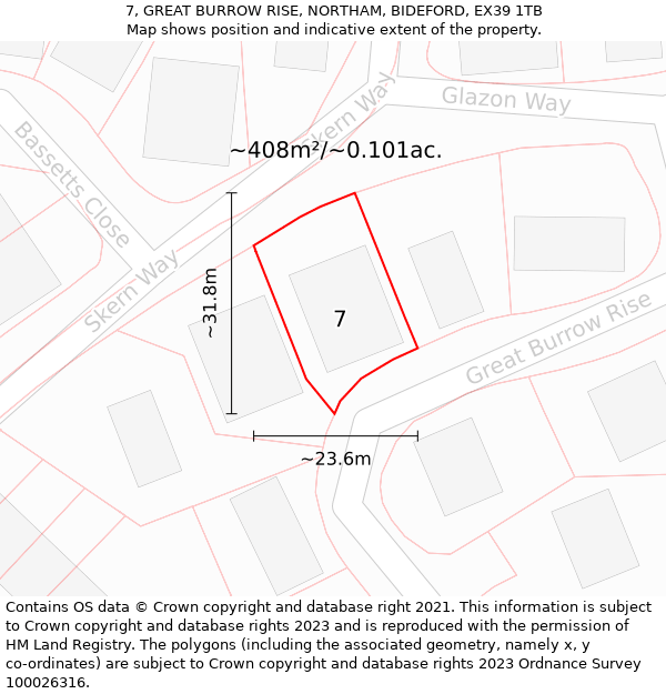 7, GREAT BURROW RISE, NORTHAM, BIDEFORD, EX39 1TB: Plot and title map