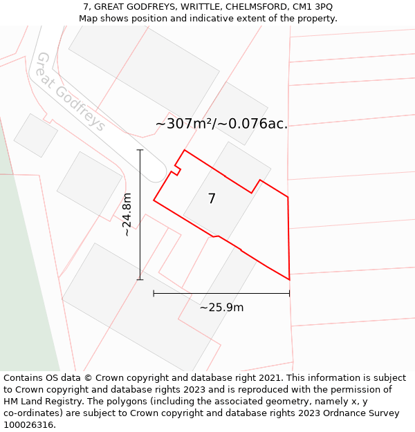 7, GREAT GODFREYS, WRITTLE, CHELMSFORD, CM1 3PQ: Plot and title map