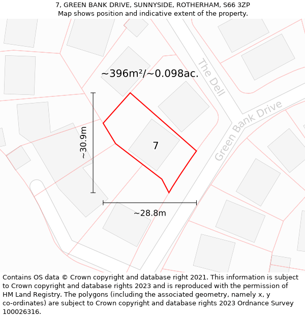 7, GREEN BANK DRIVE, SUNNYSIDE, ROTHERHAM, S66 3ZP: Plot and title map