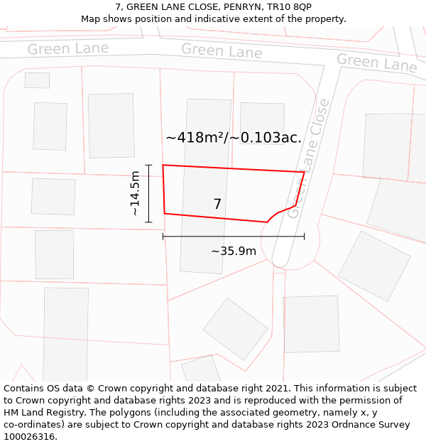 7, GREEN LANE CLOSE, PENRYN, TR10 8QP: Plot and title map