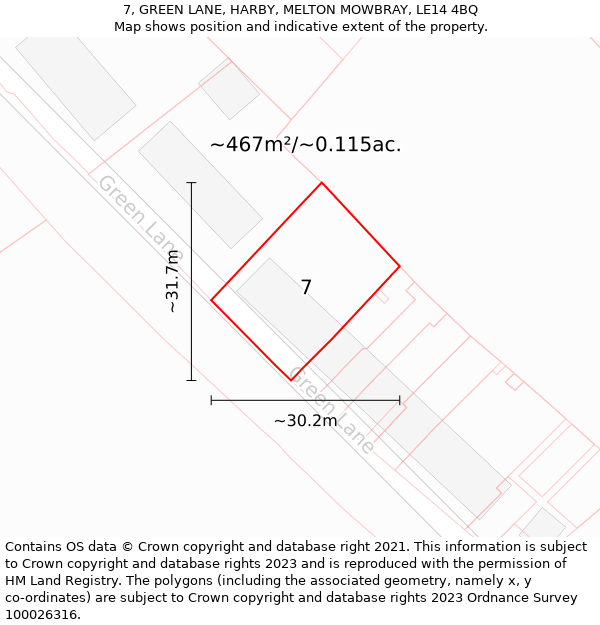 7, GREEN LANE, HARBY, MELTON MOWBRAY, LE14 4BQ: Plot and title map