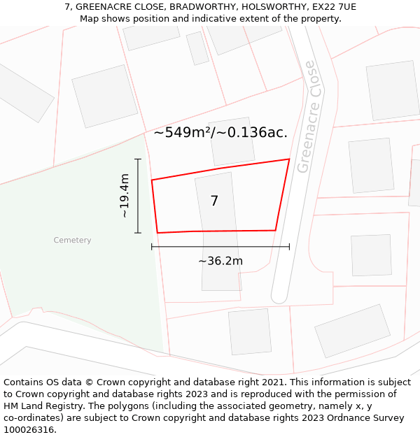 7, GREENACRE CLOSE, BRADWORTHY, HOLSWORTHY, EX22 7UE: Plot and title map