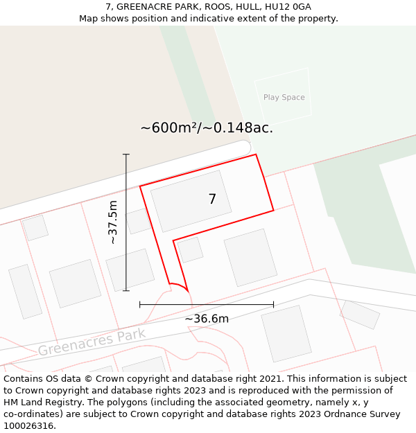 7, GREENACRE PARK, ROOS, HULL, HU12 0GA: Plot and title map