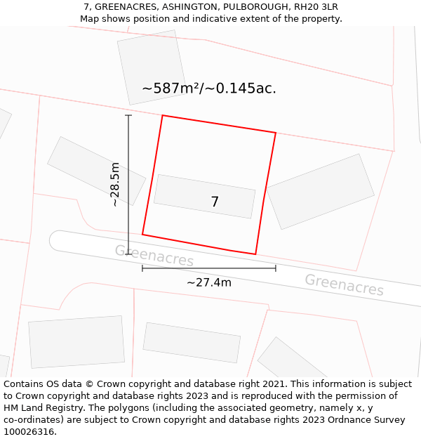 7, GREENACRES, ASHINGTON, PULBOROUGH, RH20 3LR: Plot and title map